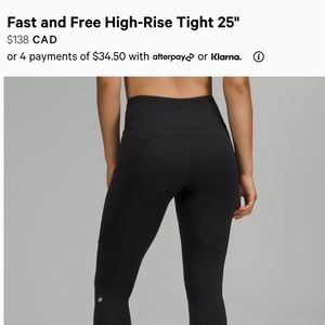Lululemon Fast & Free 25” Black Leggings, Size 12